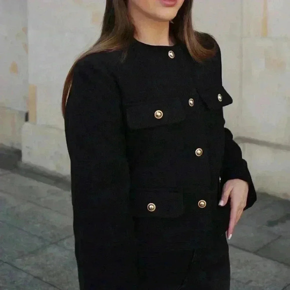 Black Elegant Women's Casual Tweed Jacket Decorated Long Sleeve Coat - Picture 3 of 8